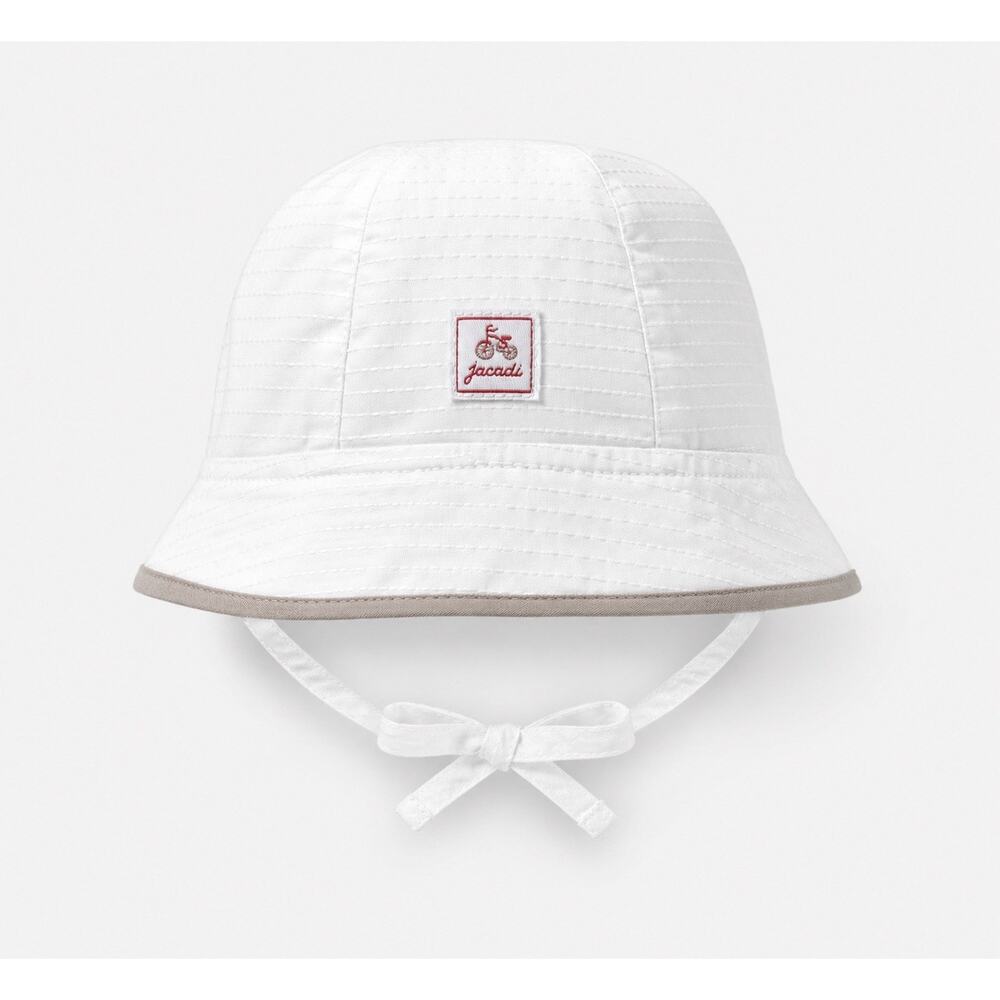 Jacadi Paris Baby Sun Hat 49cm White Cotton Bucket Hat Tie Strap